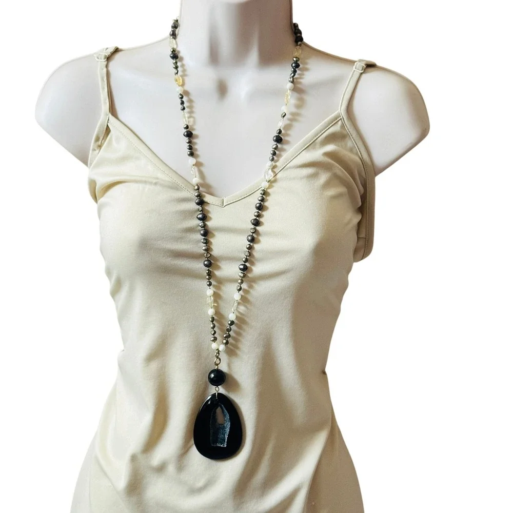 VTG‎ Y2K Pearl Druzy Onyx Citrine Necklace BOHO Artisan Mod Beaded OOAK 35